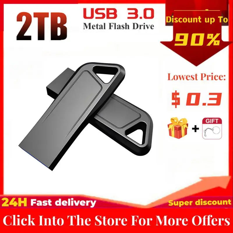 Pen Drive 2TB 1TB Memory Portable Waterproof U Disk High-Speed USB3.0 Data Transmission Metal USB Flash Drive With Free Key Ring